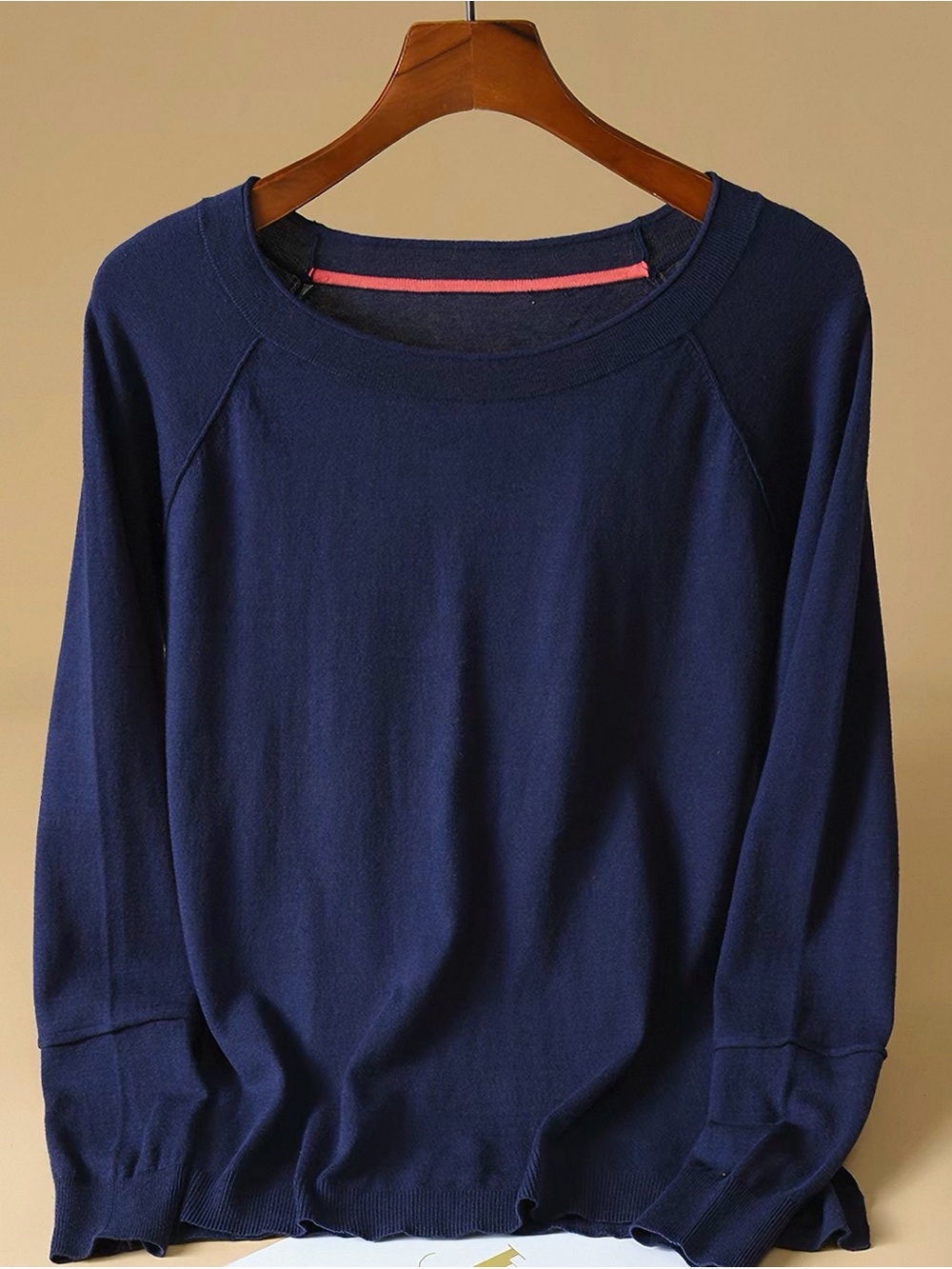 Boden Navy Lightweight Crewneck Sweater with Pink Neck Detail